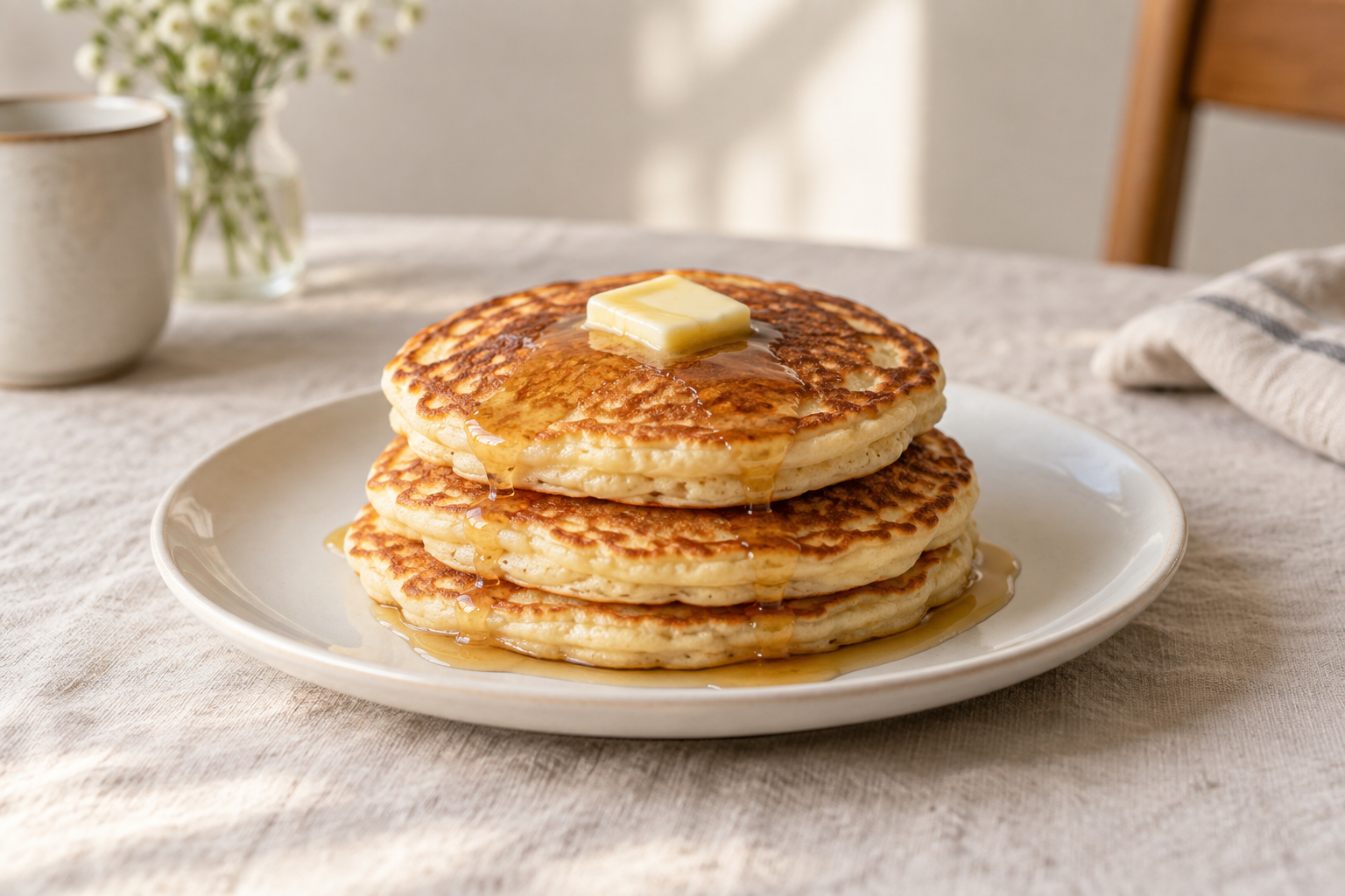 Golden pancakes with melted butter on a ceramic plate